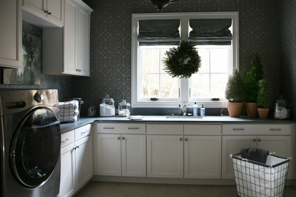 Inspiration for a timeless laundry room remodel in Atlanta with soapstone countertops