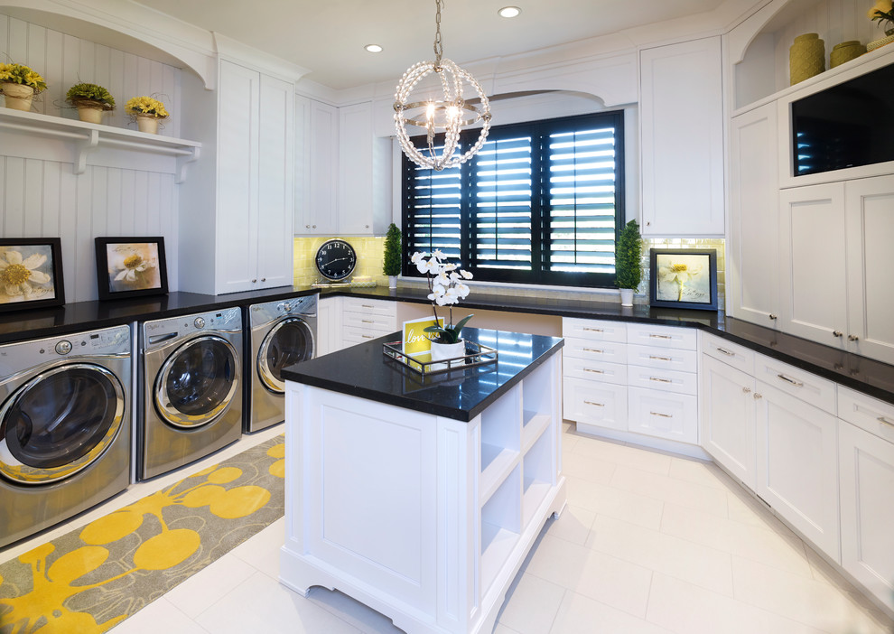 Photo of a classic u-shaped separated utility room in Salt Lake City with shaker cabinets, white cabinets, white walls, a side by side washer and dryer, white floors, composite countertops and ceramic flooring.