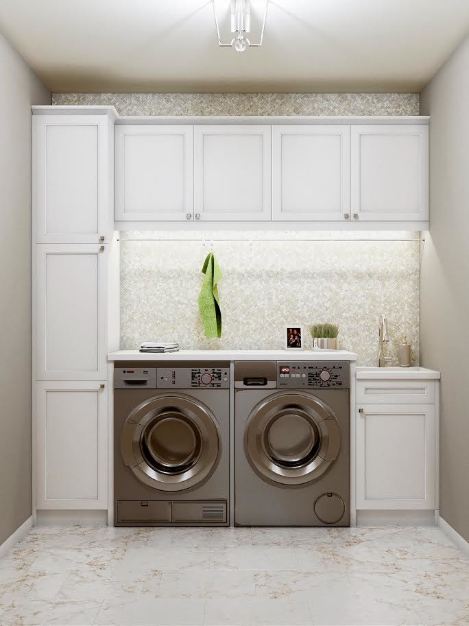 Esempio di una piccola lavanderia chic con lavello sottopiano, ante bianche, pareti grigie, pavimento in marmo e pavimento bianco