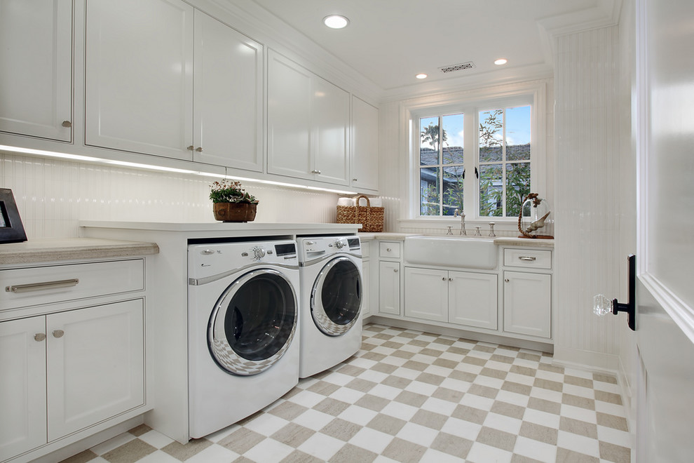 Classic utility room in Orange County with multi-coloured floors.