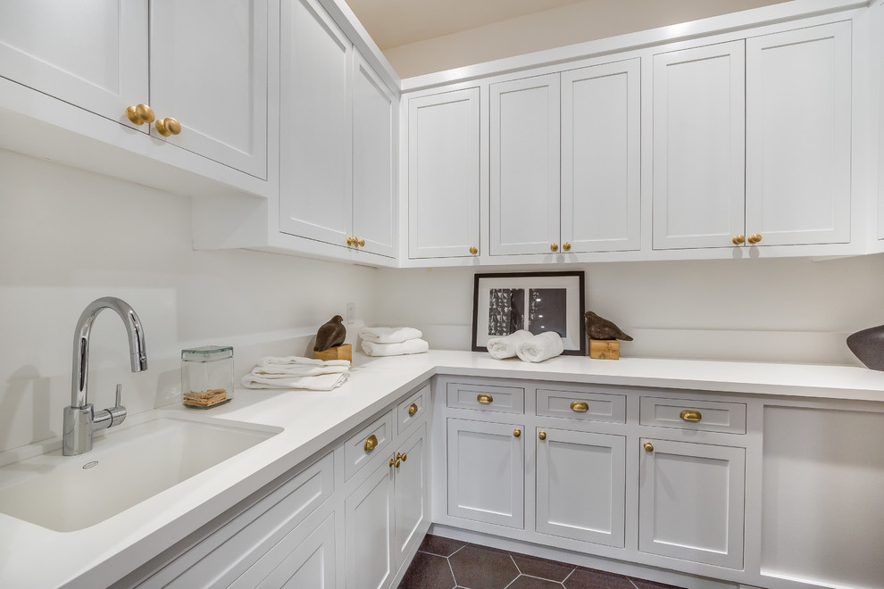 Design ideas for a small classic l-shaped utility room in Los Angeles with a built-in sink, shaker cabinets, white cabinets, white walls, terracotta flooring, red floors, white worktops and marble worktops.
