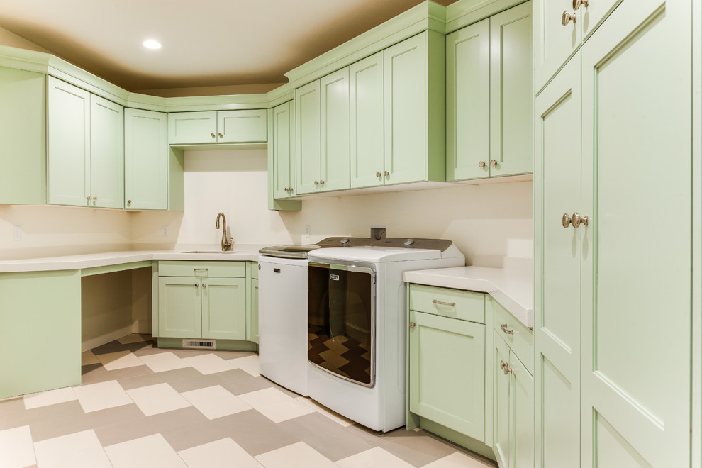 Utility room - mid-sized traditional ceramic tile and multicolored floor utility room idea in Salt Lake City with an undermount sink, recessed-panel cabinets, green cabinets, granite countertops, white walls and a side-by-side washer/dryer
