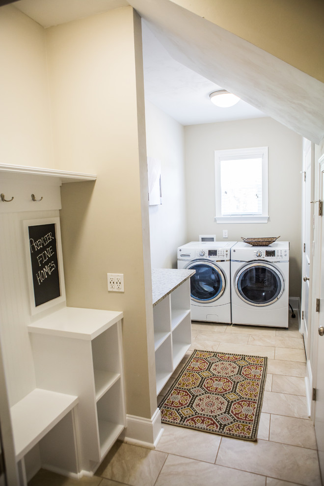 Mid-sized arts and crafts u-shaped ceramic tile dedicated laundry room photo in Atlanta with open cabinets, white cabinets, granite countertops, beige walls and a side-by-side washer/dryer