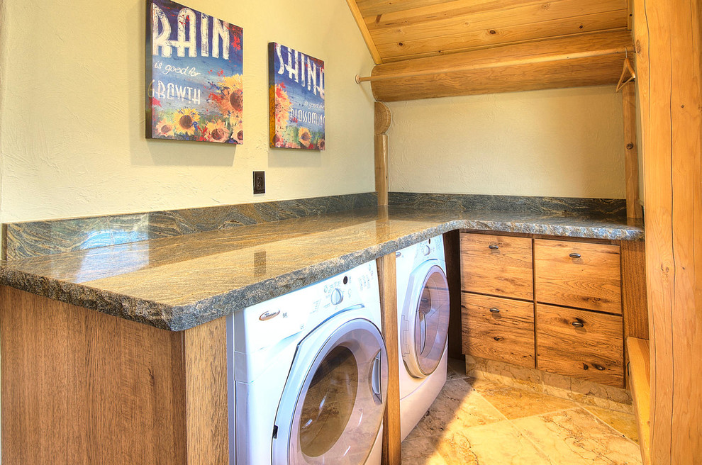 Dedicated laundry room - small rustic l-shaped ceramic tile and beige floor dedicated laundry room idea in Denver with flat-panel cabinets, medium tone wood cabinets, granite countertops, beige walls, a side-by-side washer/dryer and gray countertops
