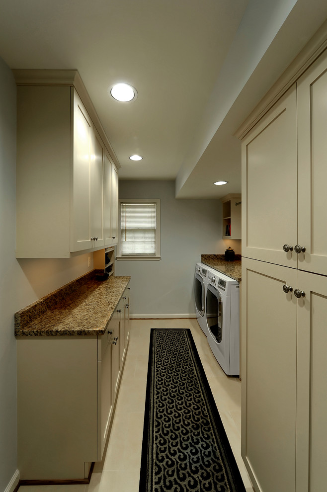 Mid-sized elegant galley ceramic tile and beige floor laundry room photo in DC Metro with shaker cabinets, white cabinets, granite countertops, gray walls and a side-by-side washer/dryer