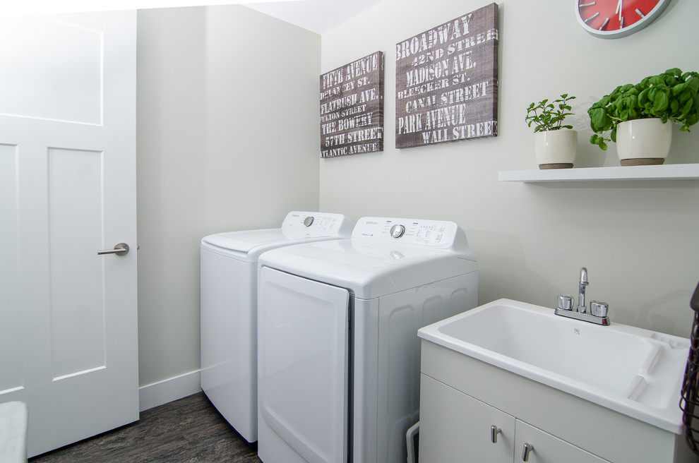 Diseño de cuarto de lavado lineal moderno de tamaño medio con paredes grises y fregadero de un seno