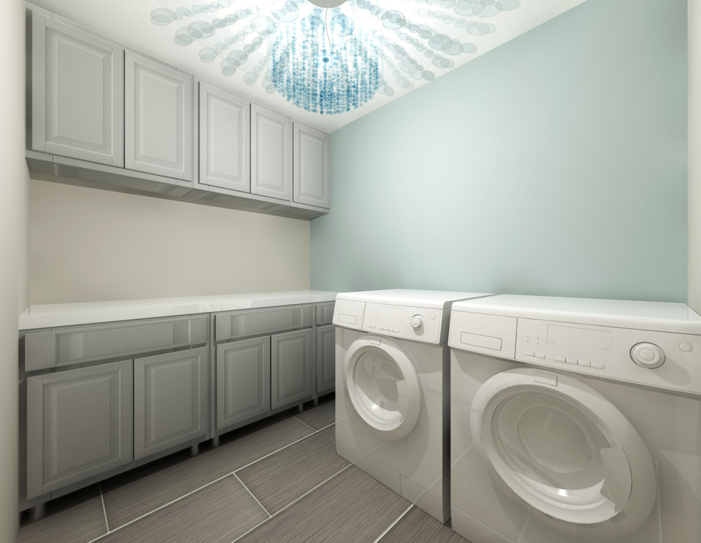 Idéer för en mellanstor retro linjär tvättstuga enbart för tvätt, med luckor med upphöjd panel, grå skåp, bänkskiva i kvartsit, blå väggar, klinkergolv i porslin och en tvättmaskin och torktumlare bredvid varandra