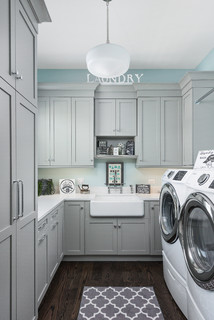 White Blue Gray Rug in Mudroom - Transitional - Laundry Room