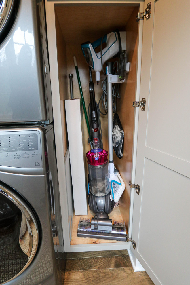 Gray Laundry Room w/ White Shiplap Wall & Kitty Pass Hidden Litterbox