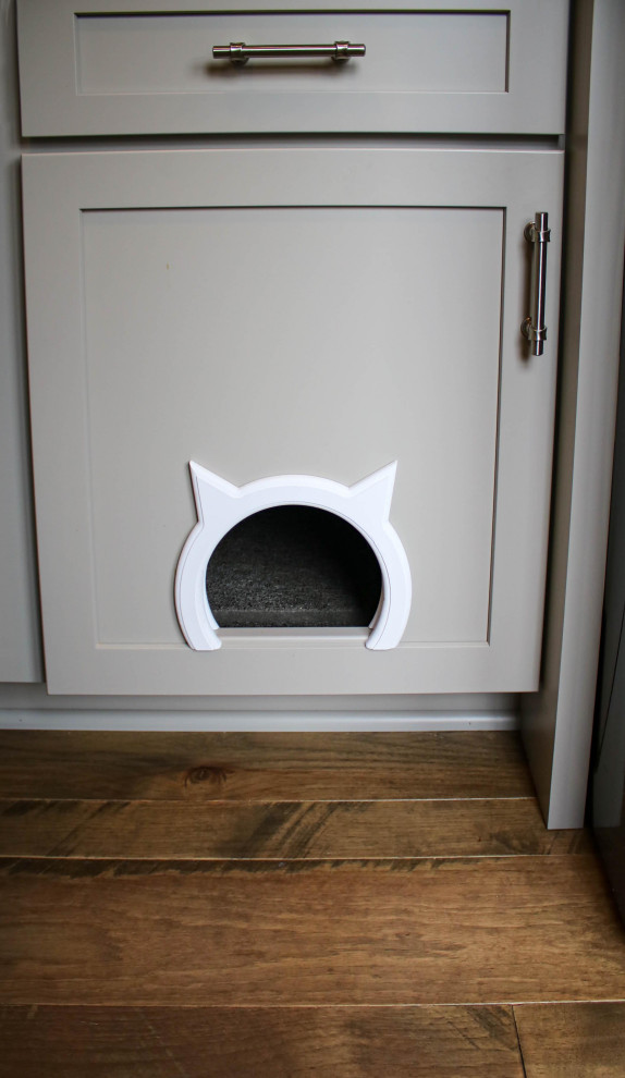Gray Laundry Room w/ White Shiplap Wall & Kitty Pass Hidden Litterbox