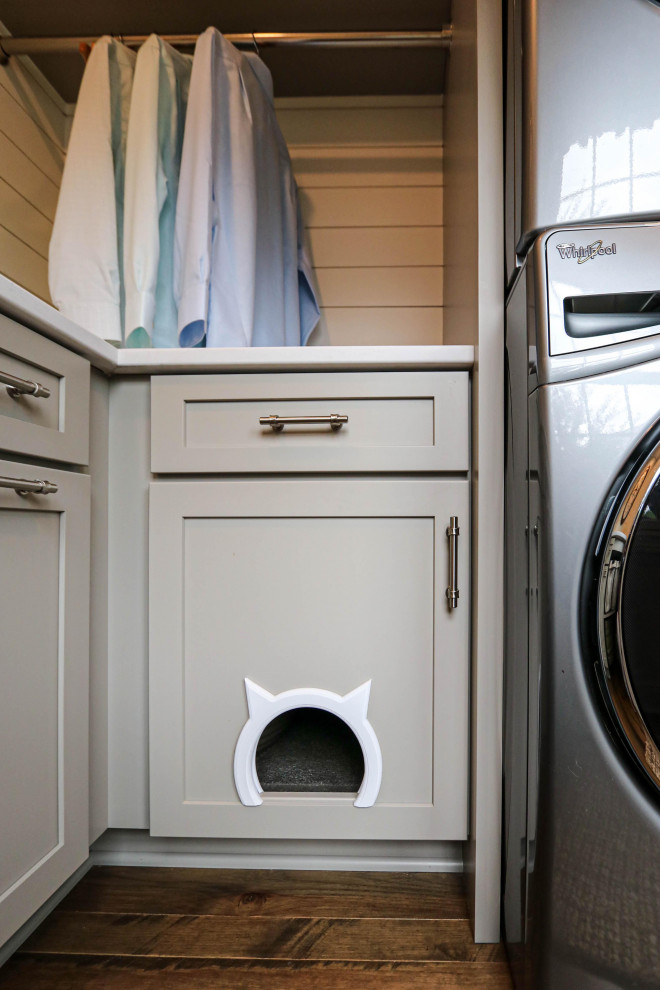 Gray Laundry Room w/ White Shiplap Wall & Kitty Pass Hidden Litterbox