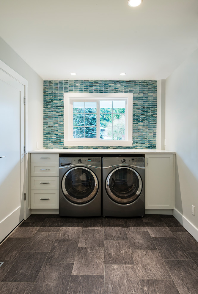 Medium sized classic single-wall utility room in Vancouver with a submerged sink, shaker cabinets, white cabinets, engineered stone countertops, grey walls, lino flooring and a side by side washer and dryer.
