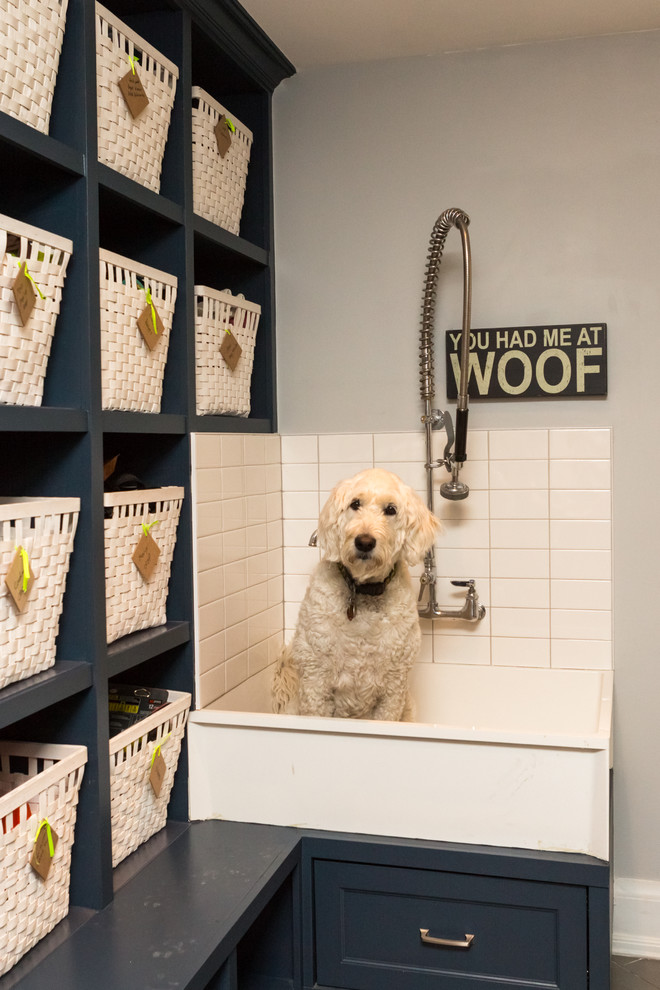 Inspiration for a transitional laundry room remodel in Toronto with shaker cabinets and blue cabinets