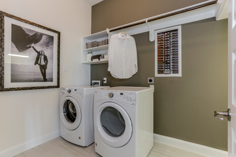Mid-sized trendy single-wall ceramic tile and beige floor dedicated laundry room photo in Houston with open cabinets, white cabinets, beige walls and a side-by-side washer/dryer