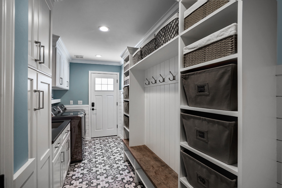 Inspiration for a contemporary utility room in Chicago with a dado rail.