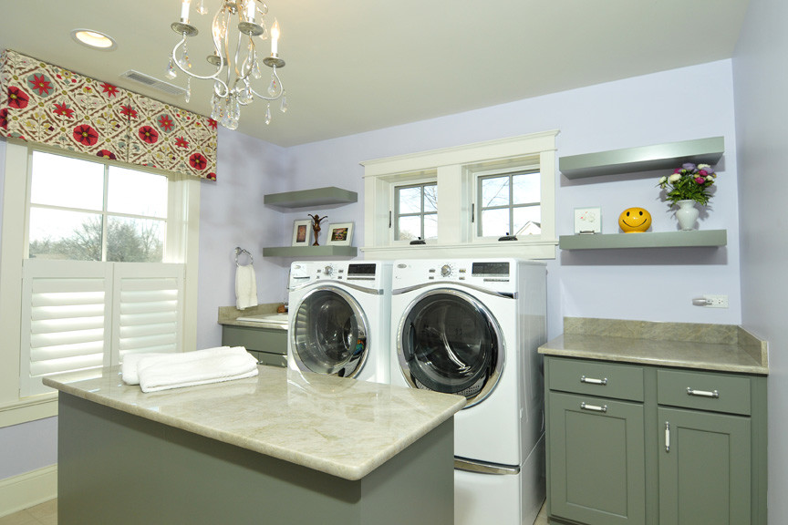 Inspiration for a large transitional single-wall ceramic tile dedicated laundry room remodel in Chicago with recessed-panel cabinets, green cabinets, quartzite countertops, blue walls and a side-by-side washer/dryer