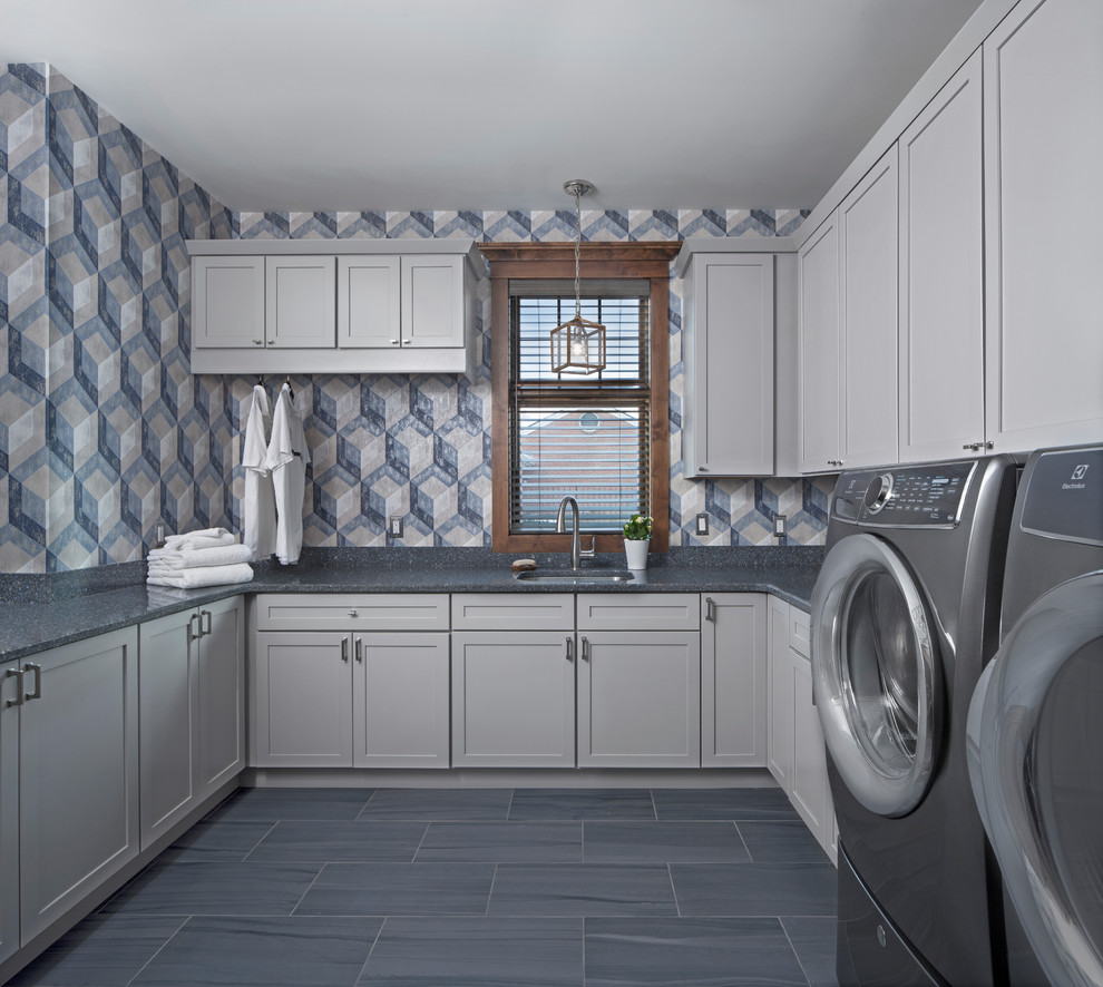 Inspiration for a rustic u-shaped ceramic tile and blue floor utility room remodel in Other with an undermount sink, shaker cabinets, white cabinets, blue walls and a side-by-side washer/dryer