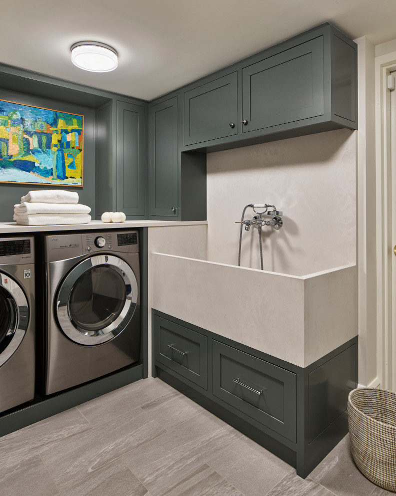 Laundry room - transitional gray floor laundry room idea in Philadelphia with an utility sink, shaker cabinets, gray cabinets, a side-by-side washer/dryer and beige countertops