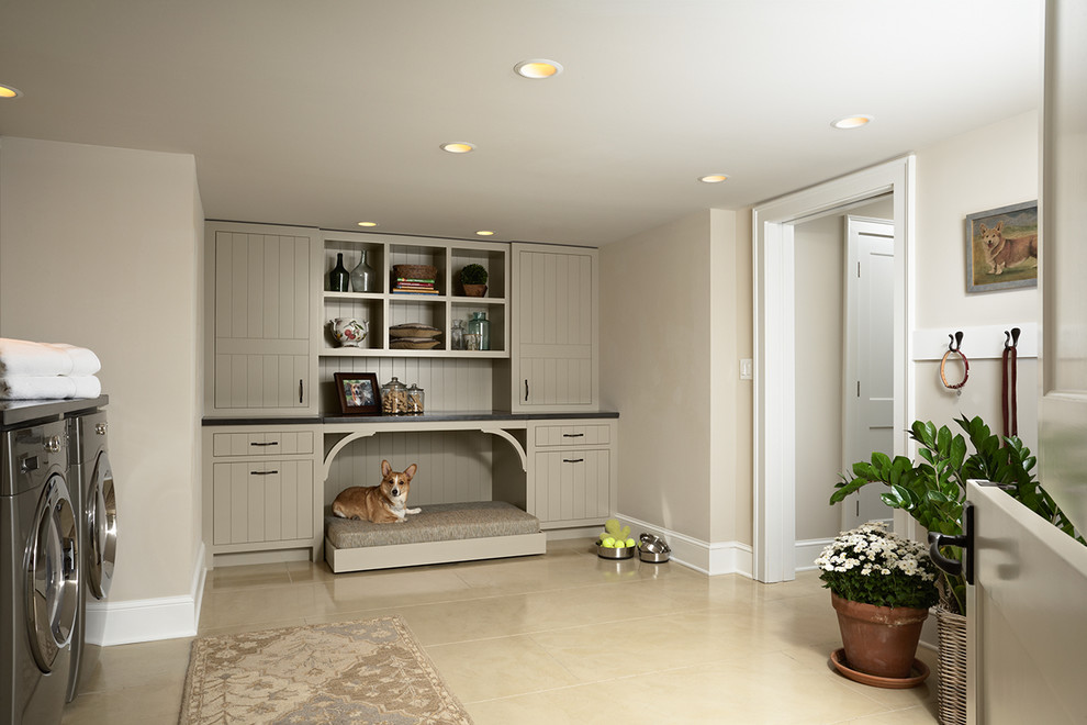 Mid-sized transitional l-shaped concrete floor utility room photo in Minneapolis with an undermount sink, flat-panel cabinets, concrete countertops, beige walls, a side-by-side washer/dryer and beige cabinets