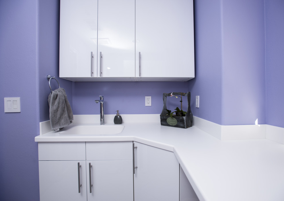 Пример оригинального дизайна: маленькая универсальная комната в стиле модернизм с белыми фасадами, фиолетовыми стенами и полом из керамической плитки для на участке и в саду