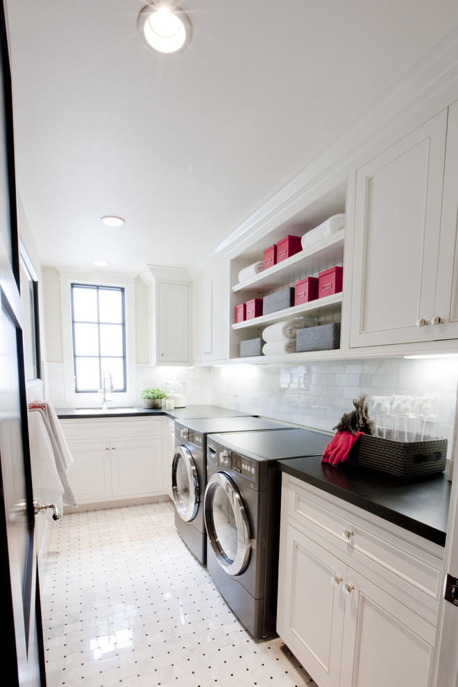Inspiration for a classic utility room in Orange County with white floors.