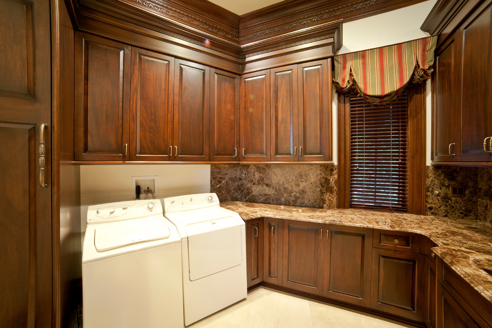 Utility room - mid-sized traditional u-shaped ceramic tile and beige floor utility room idea in New York with an undermount sink, raised-panel cabinets, dark wood cabinets, granite countertops, a side-by-side washer/dryer, white walls and multicolored countertops