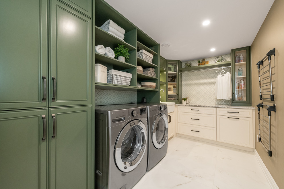 Inspiration for a medium sized classic l-shaped separated utility room in Ottawa with a belfast sink, a side by side washer and dryer, beaded cabinets, green cabinets, engineered stone countertops, multi-coloured walls, porcelain flooring, beige floors and multicoloured worktops.