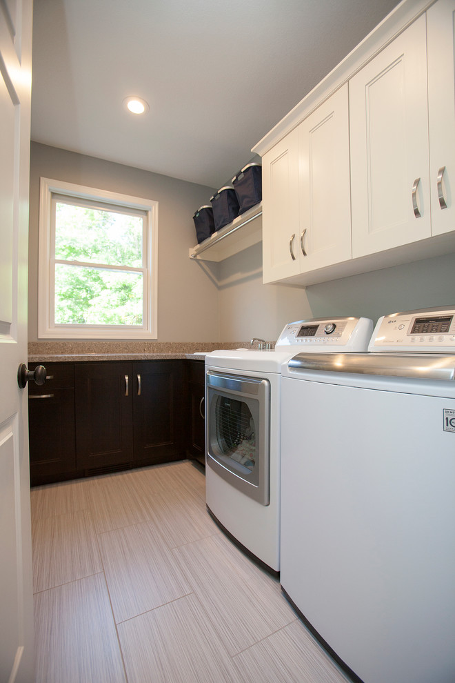 Mid-sized trendy galley porcelain tile utility room photo in Minneapolis with a drop-in sink, recessed-panel cabinets, white cabinets, quartzite countertops, gray walls and a side-by-side washer/dryer