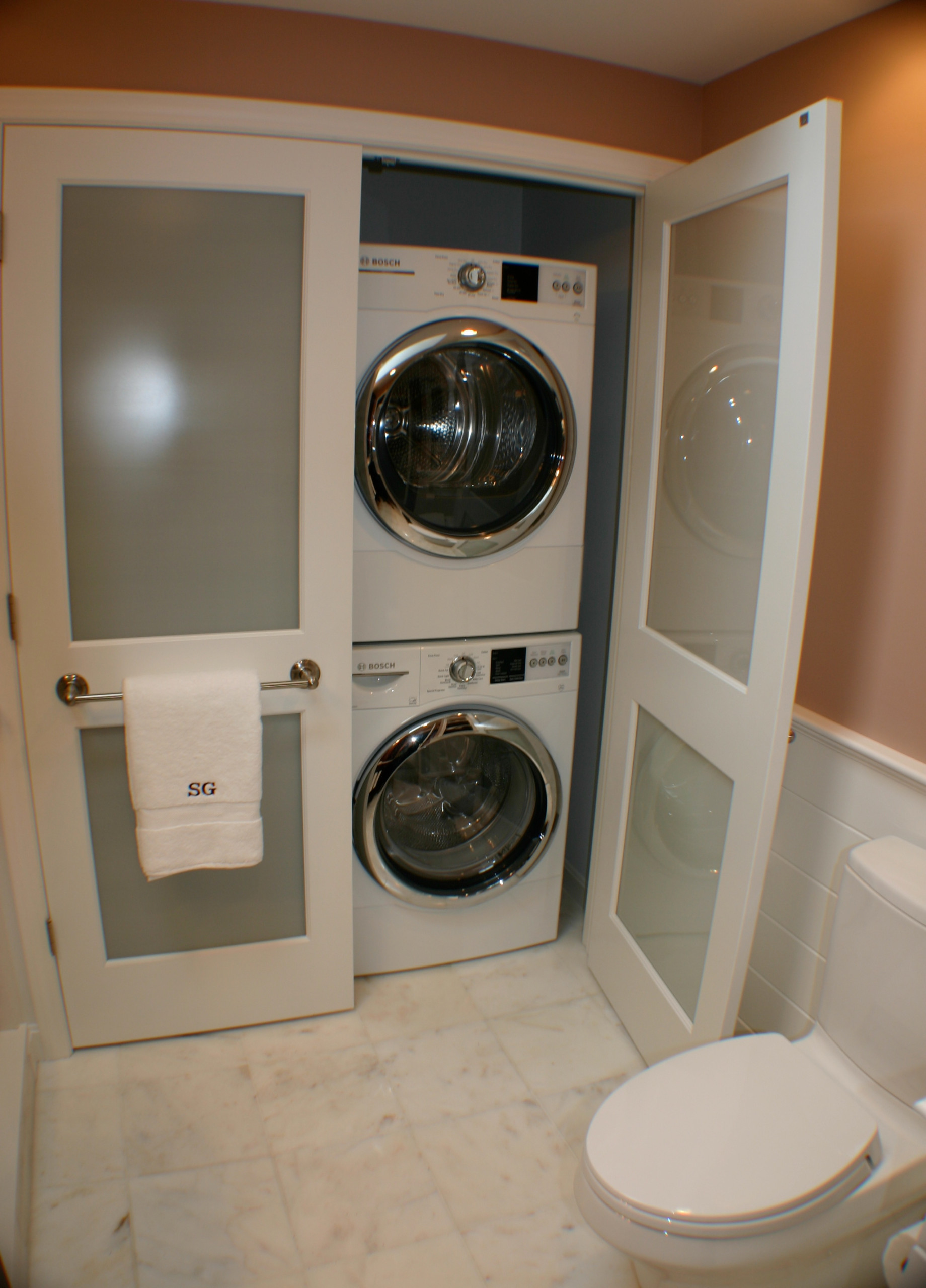 3F Living - Stacking Washer & Dryer in Bathroom  Small bathroom with  shower, Small washer and dryer, Laundry room bathroom