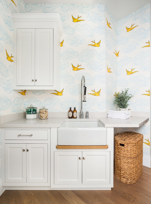 Birds of Joy: Modern Farmhouse Laundry Room with Colorful Wallpaper