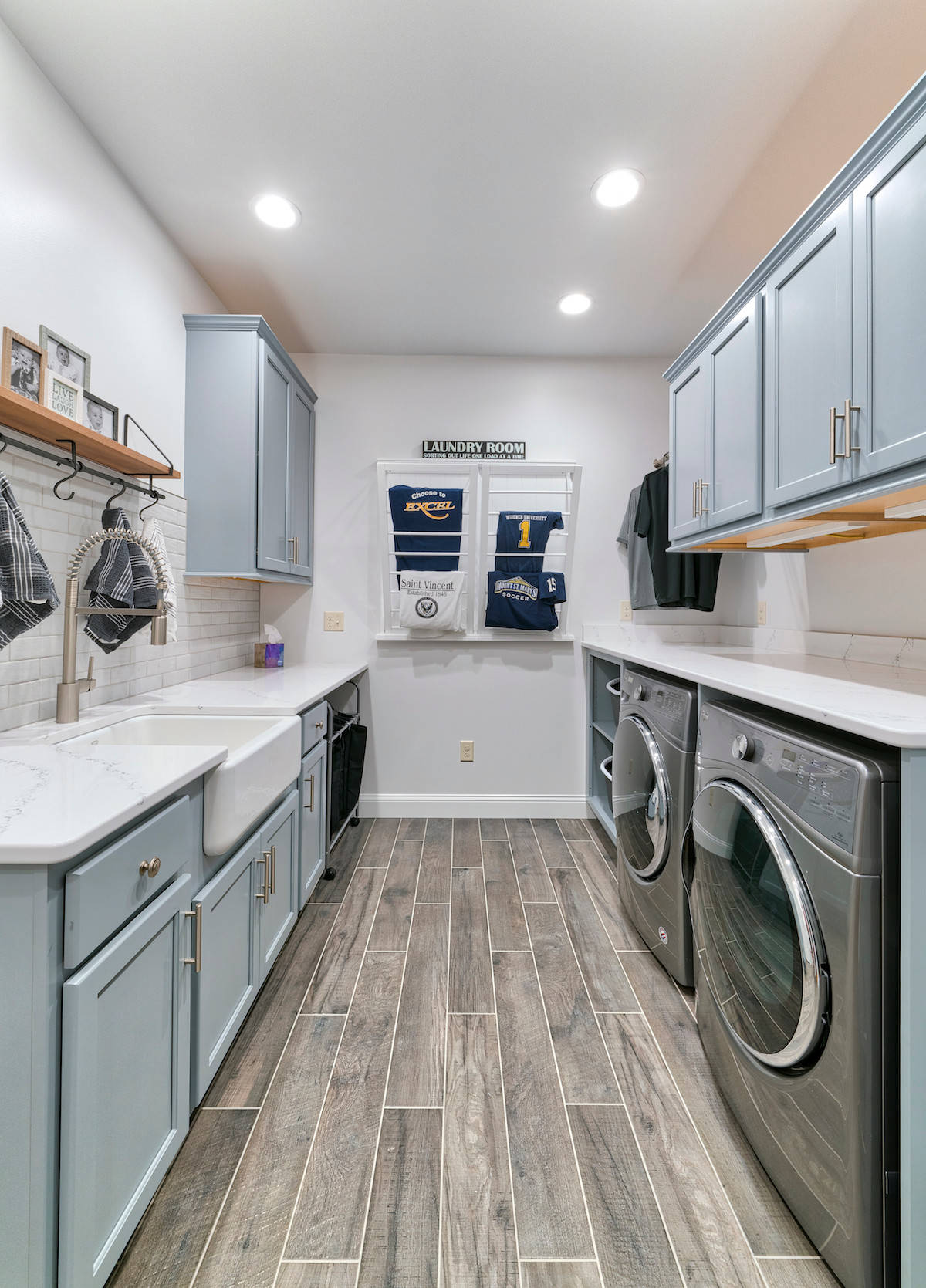Farmhouse Sink with Gray Laundry Room Cabinets - Transitional - Laundry Room