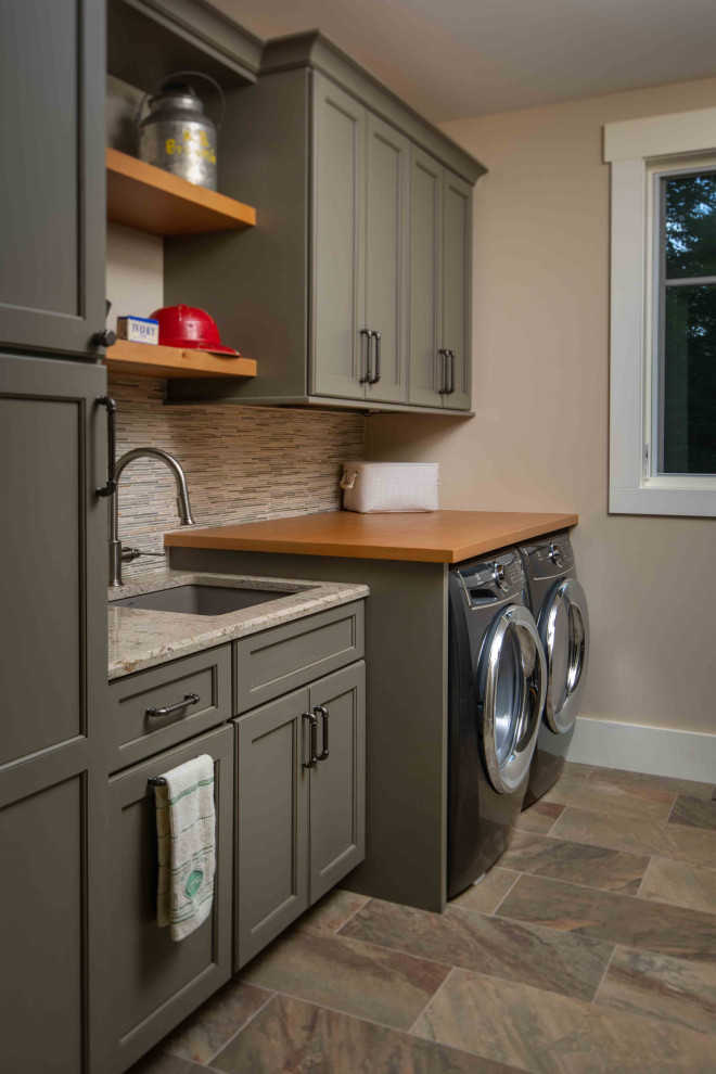 Inspiration for a mid-sized galley porcelain tile and multicolored floor dedicated laundry room remodel in Other with an undermount sink, recessed-panel cabinets, gray cabinets, multicolored backsplash, beige walls and a side-by-side washer/dryer