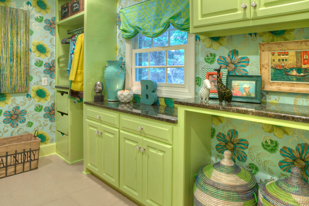 Inspiration for a large contemporary galley separated utility room in Other with a submerged sink, raised-panel cabinets, green cabinets, granite worktops, multi-coloured walls, ceramic flooring and a side by side washer and dryer.