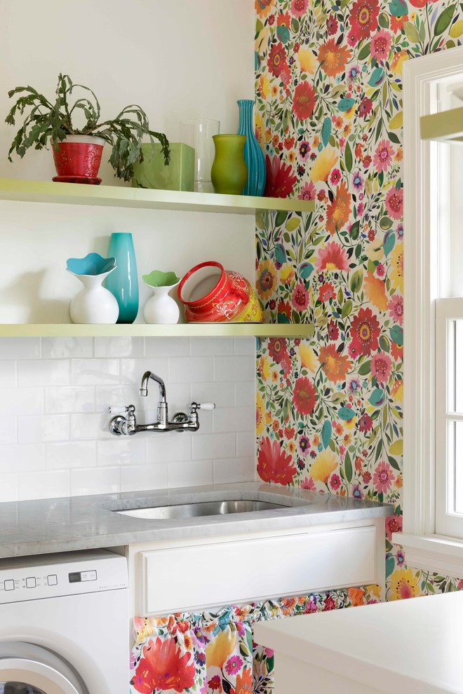 Transitional dedicated laundry room photo in Minneapolis with an undermount sink, open cabinets, multicolored walls and gray countertops