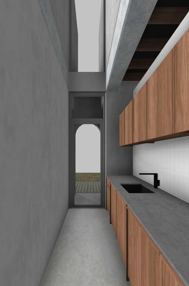 Immagine di una piccola sala lavanderia contemporanea con ante in legno scuro, top in cemento, pareti grigie, pavimento in cemento, pavimento grigio e top grigio