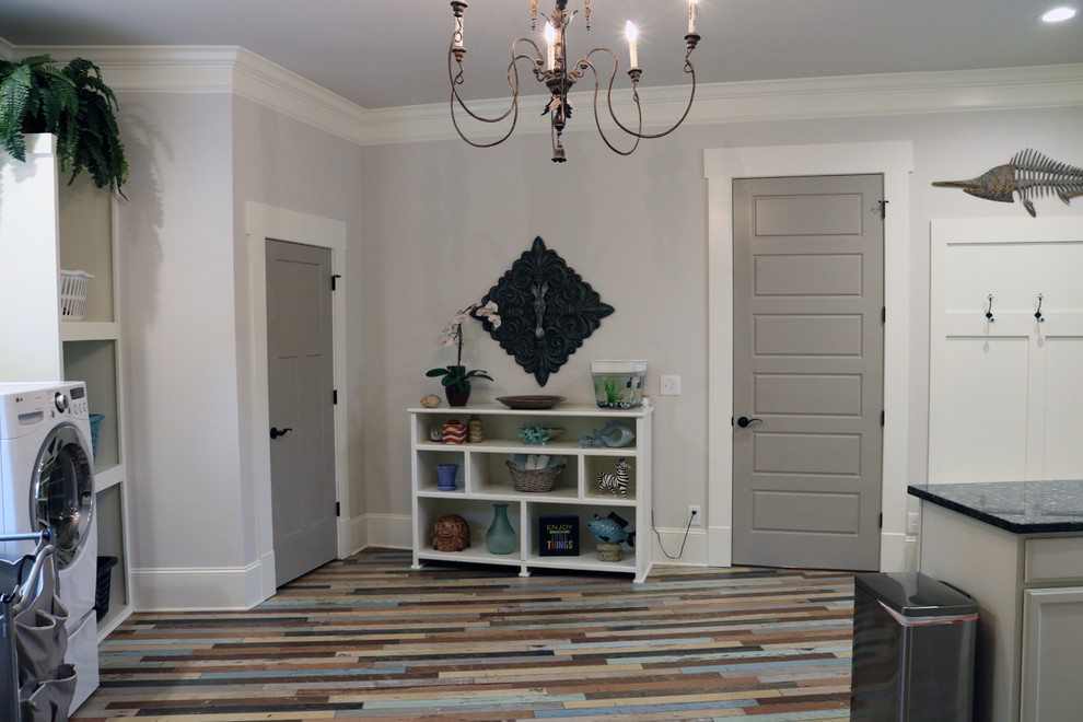 Example of a large eclectic u-shaped porcelain tile and multicolored floor dedicated laundry room design in Atlanta with a single-bowl sink, shaker cabinets, white cabinets, granite countertops, gray walls and a side-by-side washer/dryer