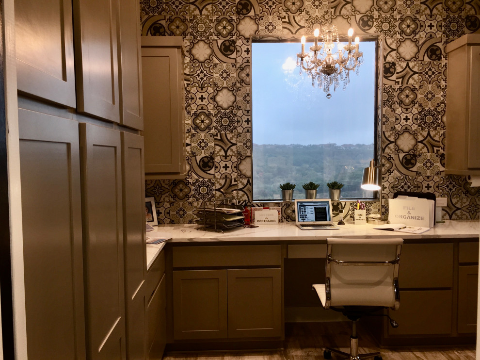 Example of a large transitional u-shaped porcelain tile and beige floor utility room design with an undermount sink, shaker cabinets, gray cabinets, quartzite countertops, ceramic backsplash, gray walls, a side-by-side washer/dryer and white countertops