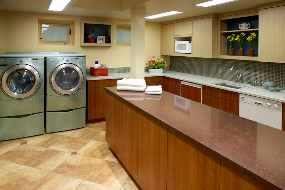 Utility room - huge contemporary galley utility room idea in San Francisco with flat-panel cabinets