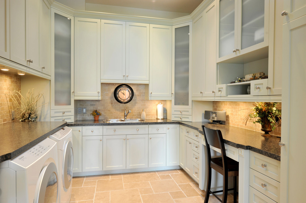 This is an example of a large classic u-shaped separated utility room in New York with a built-in sink, recessed-panel cabinets, white cabinets, laminate countertops, porcelain flooring and a side by side washer and dryer.