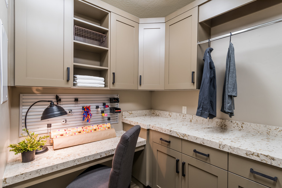 Mid-sized transitional u-shaped porcelain tile utility room photo in Salt Lake City with an undermount sink, shaker cabinets, beige cabinets, granite countertops, beige walls and a side-by-side washer/dryer