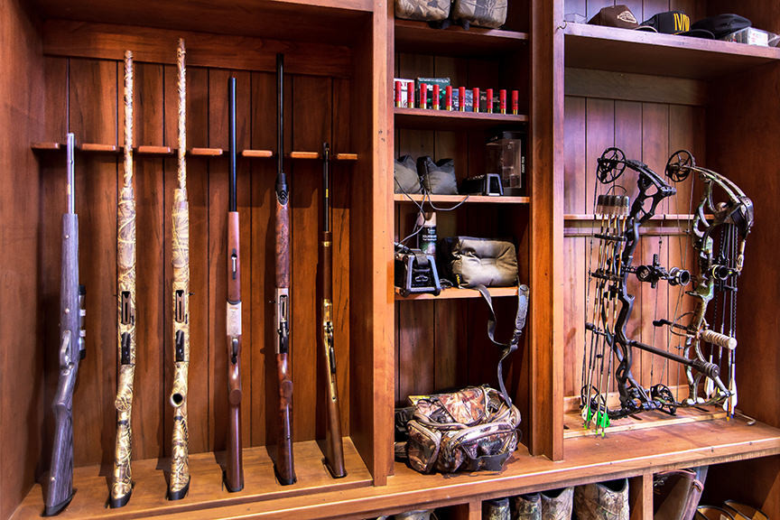 Rustic Modern Hunting Lodge Room, Hunting Storage Cabinets