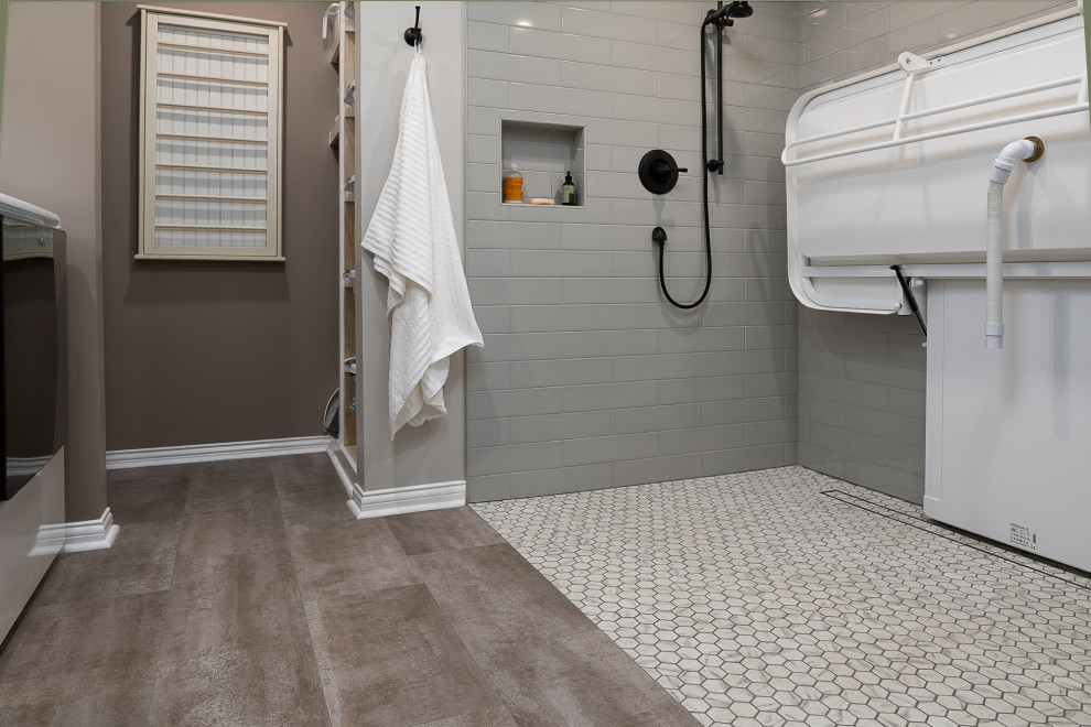 Example of a mid-sized cottage brown floor utility room design in Other