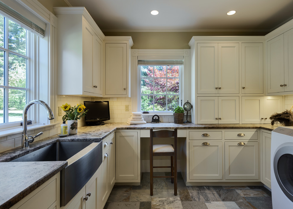 Photo of a traditional utility room in Portland Maine with beige walls.