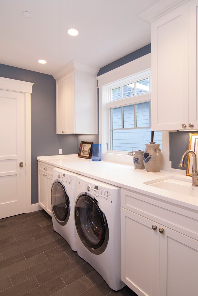 Design ideas for a medium sized classic utility room in San Francisco with a submerged sink, shaker cabinets, white cabinets, engineered stone countertops, porcelain flooring, a side by side washer and dryer and grey walls.