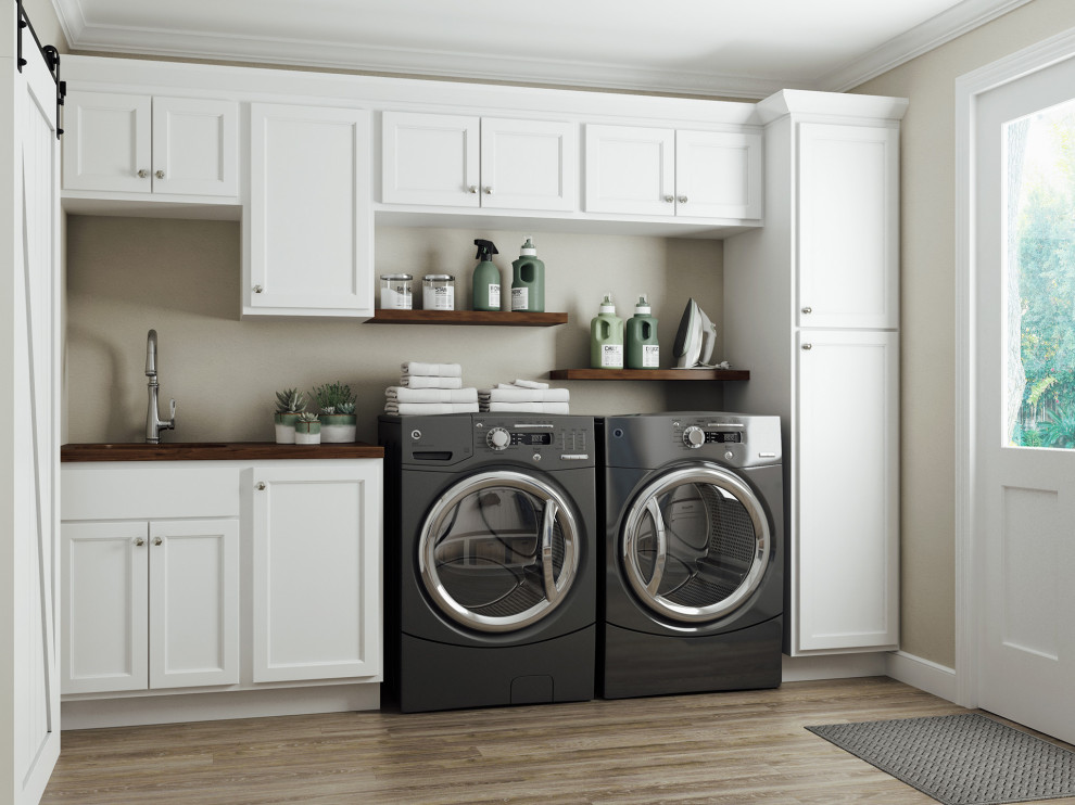 Inspiration for a laundry room remodel in Other with a single-bowl sink, shaker cabinets, white cabinets and a side-by-side washer/dryer
