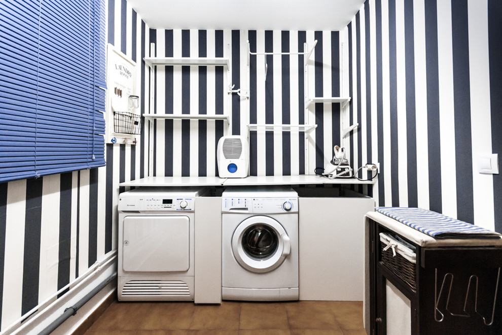 Inspiration for a small contemporary u-shaped ceramic tile and beige floor dedicated laundry room remodel in Other with an utility sink, open cabinets, white cabinets, laminate countertops and a side-by-side washer/dryer