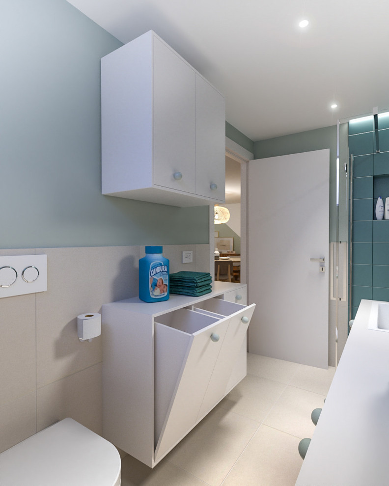 Photo of a small scandi single-wall utility room in Milan with a built-in sink, flat-panel cabinets, white cabinets, laminate countertops, beige splashback, porcelain splashback, green walls, porcelain flooring, a side by side washer and dryer, beige floors, white worktops and a drop ceiling.