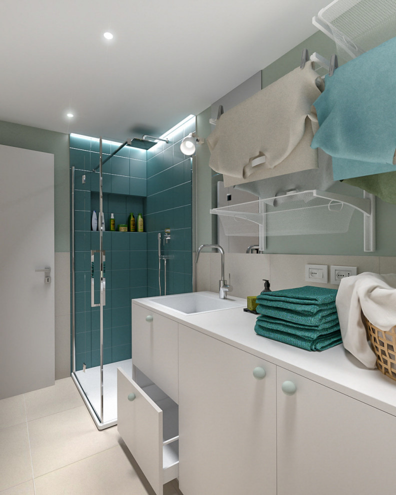 Small scandinavian single-wall utility room in Milan with a built-in sink, flat-panel cabinets, white cabinets, laminate countertops, beige splashback, porcelain splashback, green walls, porcelain flooring, a side by side washer and dryer, beige floors, white worktops and a drop ceiling.