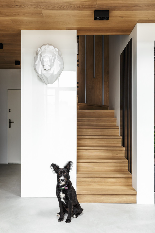 На фото: п-образная деревянная лестница среднего размера в современном стиле с деревянными ступенями с