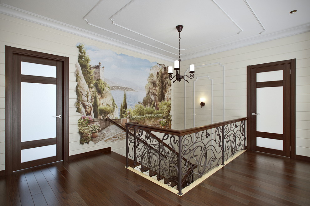 Пример оригинального дизайна: п-образная бетонная лестница среднего размера в стиле кантри с деревянными ступенями и деревянными перилами